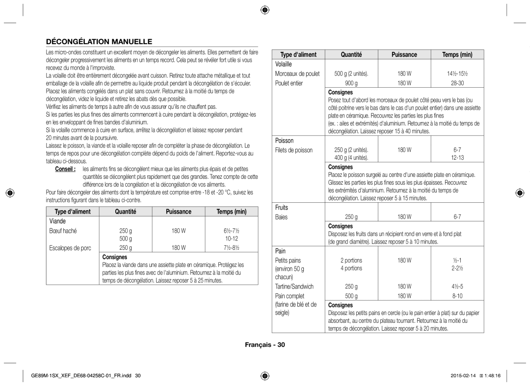 Samsung GE89M-1SX/XEF manual Décongélation Manuelle 