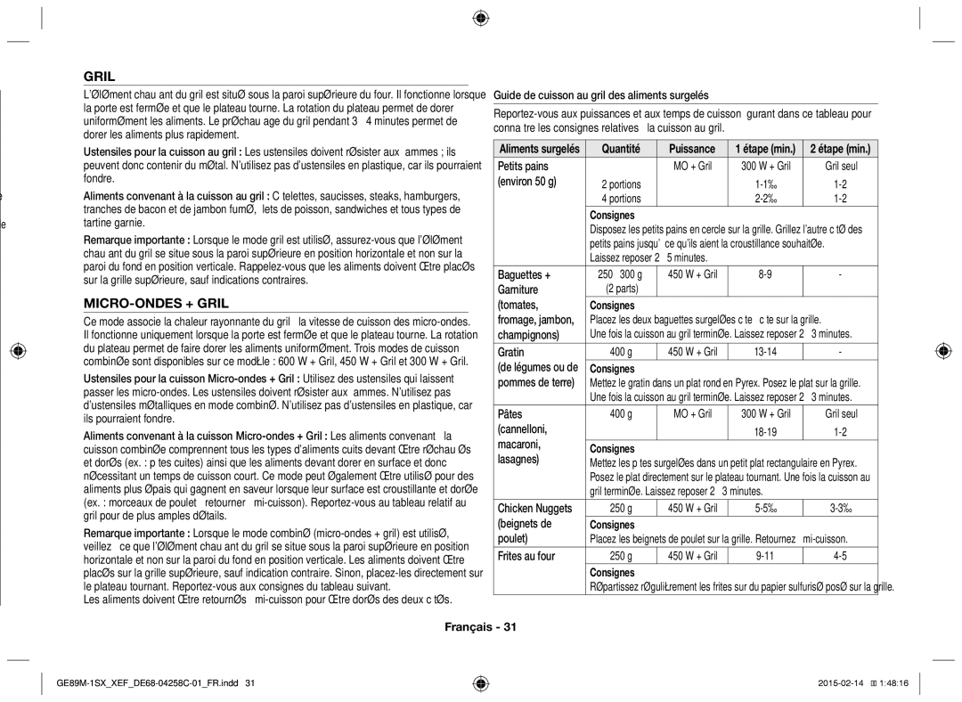 Samsung GE89M-1SX/XEF manual MICRO-ONDES + Gril 