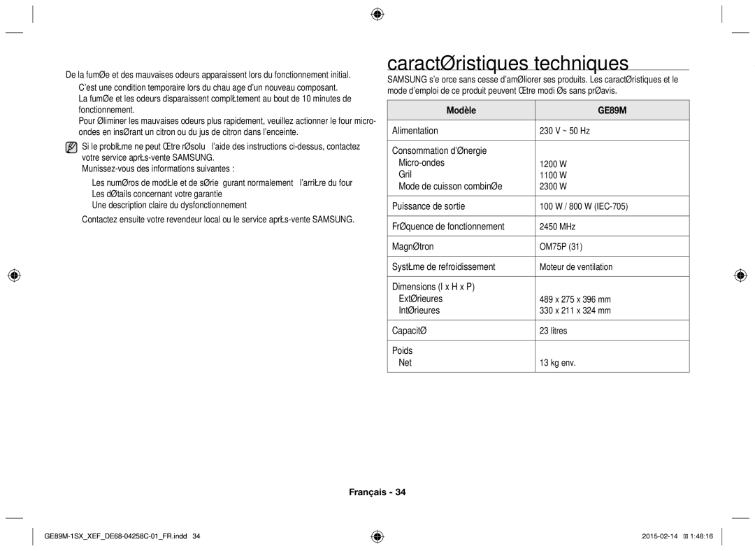 Samsung GE89M-1SX/XEF manual Caractéristiques techniques, Modèle 