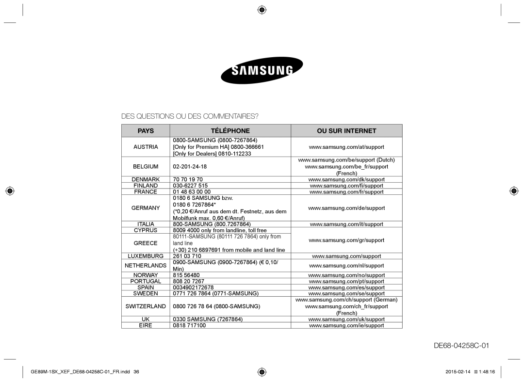 Samsung GE89M-1SX/XEF Samsung, Only for Premium HA Only for Dealers, French, 70 70 19, 030-6227, 261 03, 815, 808 20, 0818 