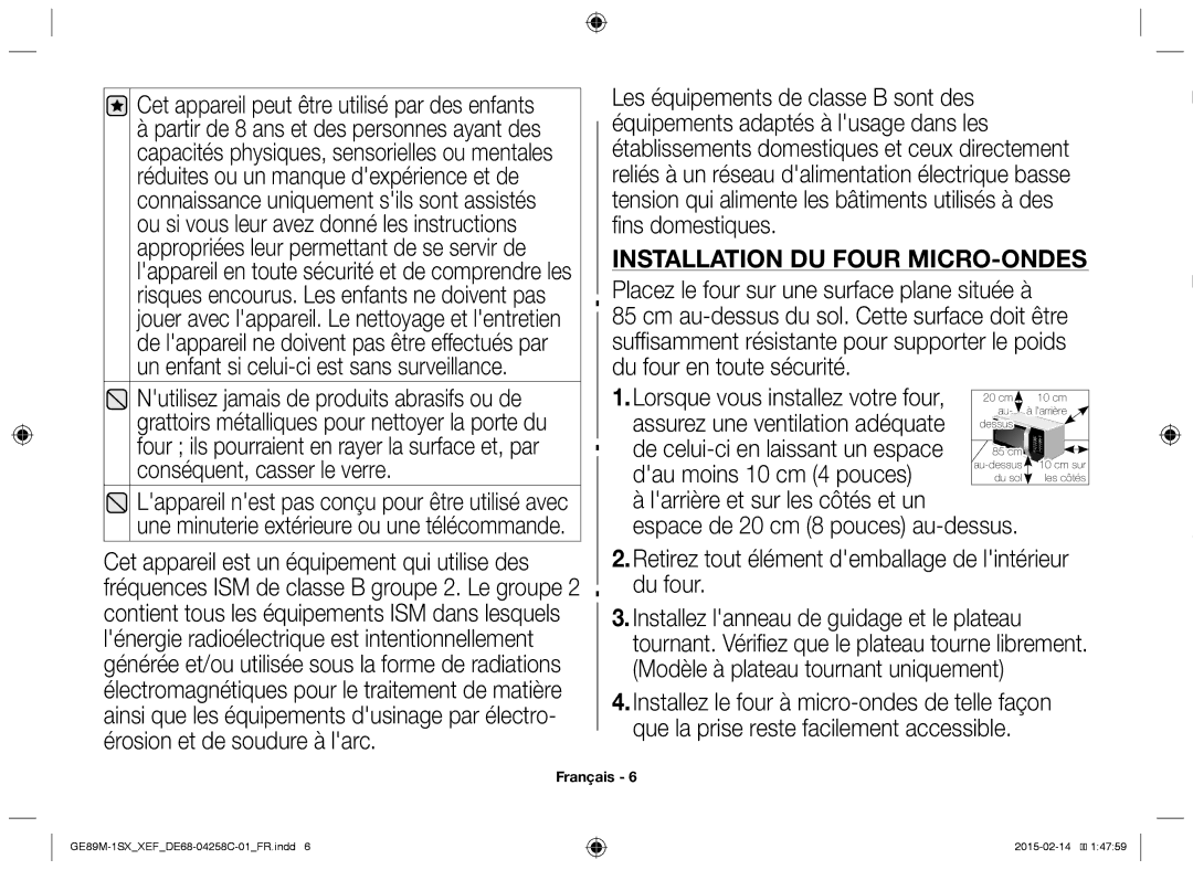 Samsung GE89M-1SX/XEF manual Installation DU Four MICRO-ONDES 