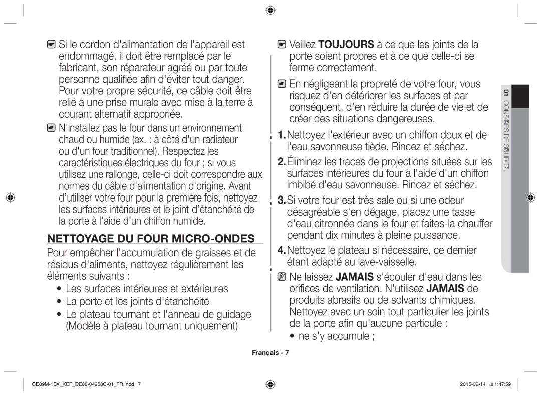 Samsung GE89M-1SX/XEF manual Nettoyage DU Four MICRO-ONDES 