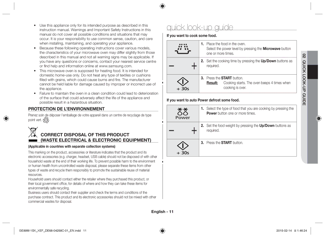 Samsung GE89M-1SX/XEF manual Quick look-up guide, Protection DE L’ENVIRONNEMENT, If you want to cook some food 