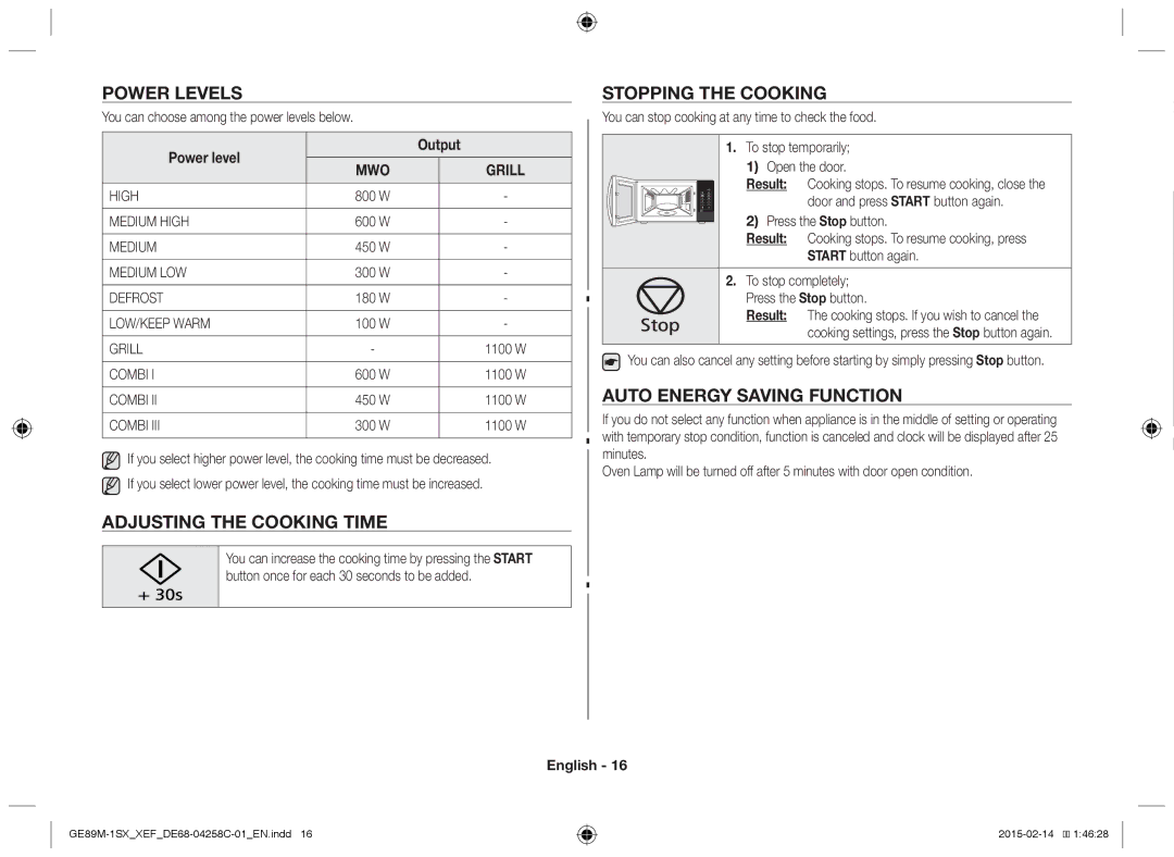 Samsung GE89M-1SX/XEF manual Power Levels, Adjusting the Cooking Time, Stopping the Cooking, Auto Energy Saving Function 