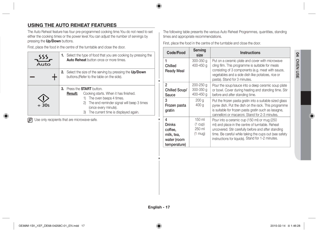 Samsung GE89M-1SX/XEF manual Using the Auto Reheat Features, Code/Food 