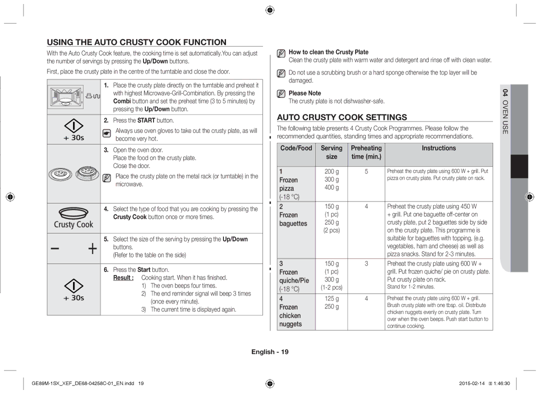 Samsung GE89M-1SX/XEF manual Using the Auto Crusty Cook Function, Auto Crusty Cook Settings 