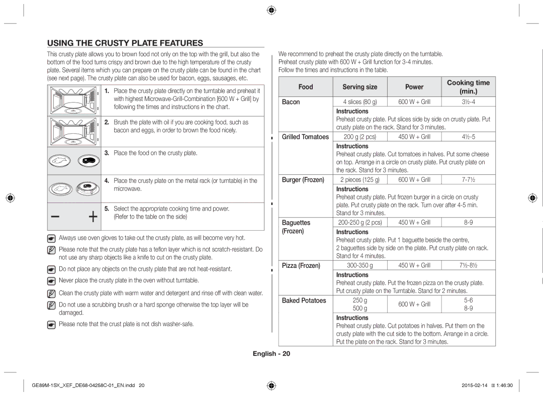 Samsung GE89M-1SX/XEF manual Using the Crusty Plate Features, Food Serving size Power Cooking time 