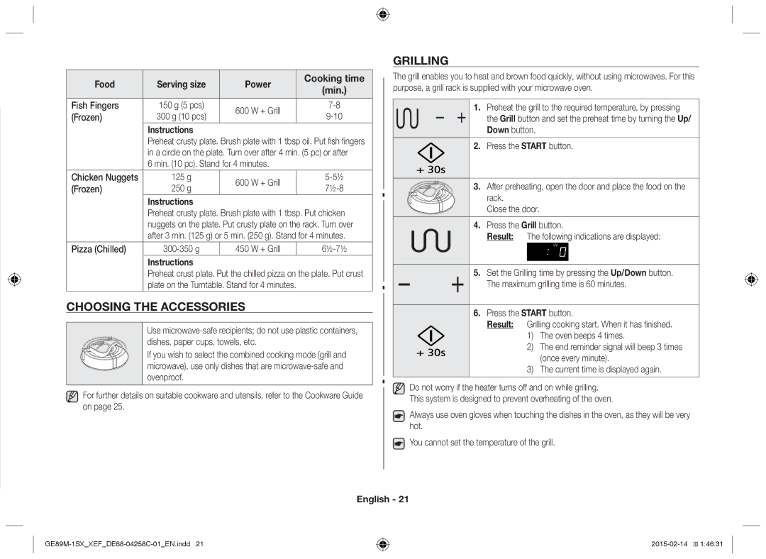 Samsung GE89M-1SX/XEF manual Choosing the Accessories, Grilling 