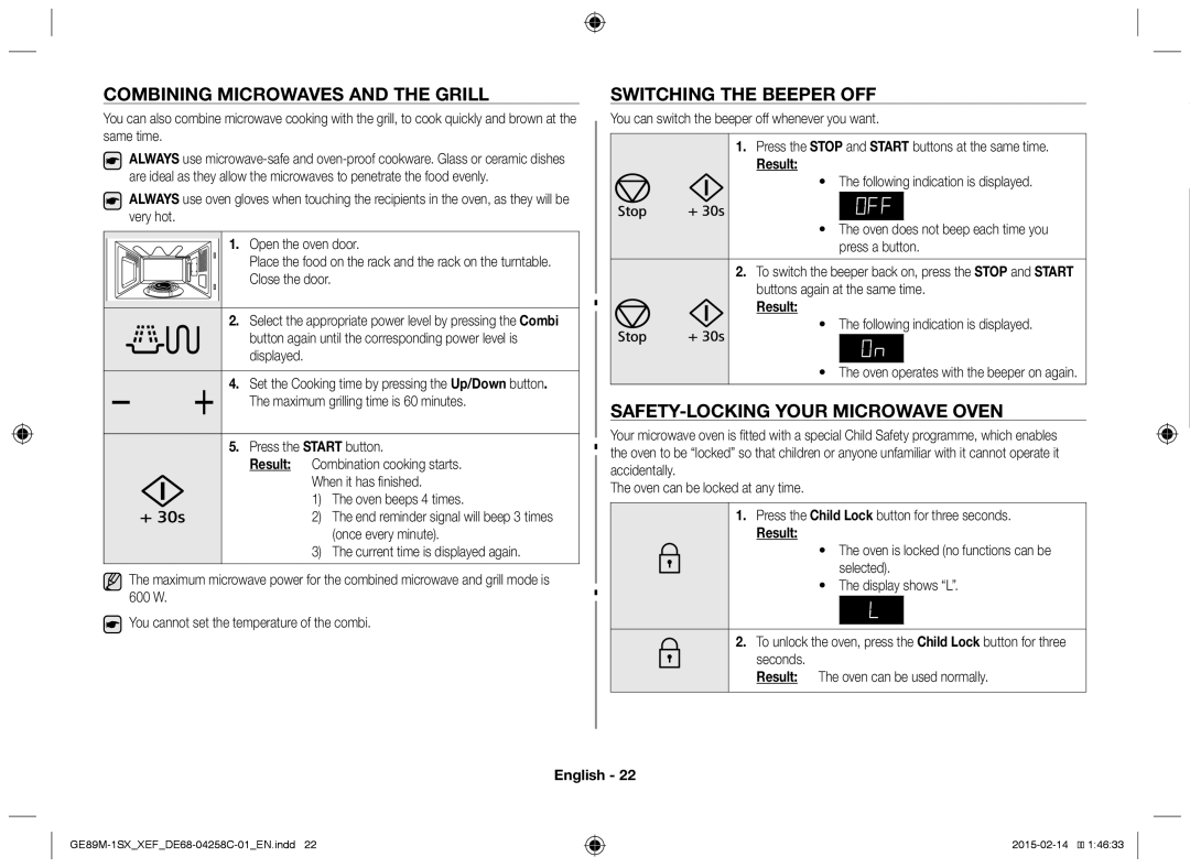 Samsung GE89M-1SX/XEF Combining Microwaves and the Grill, Switching the Beeper OFF, SAFETY-LOCKING Your Microwave Oven 