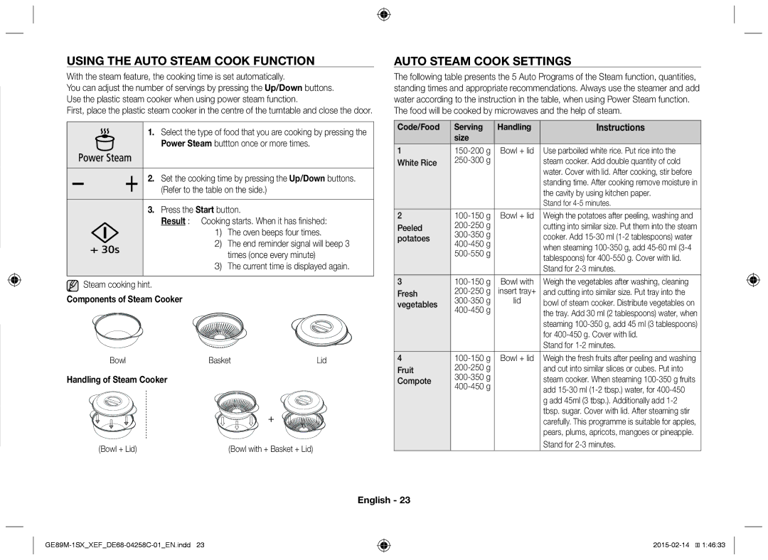 Samsung GE89M-1SX/XEF manual Using the Auto Steam Cook Function, Auto Steam Cook Settings, Components of Steam Cooker 