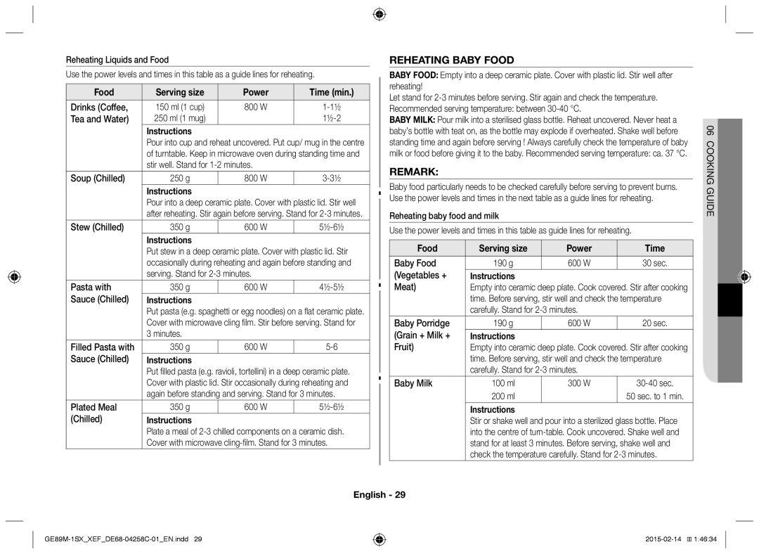 Samsung GE89M-1SX/XEF manual Reheating Baby Food, Remark, Food Serving size Power Time 