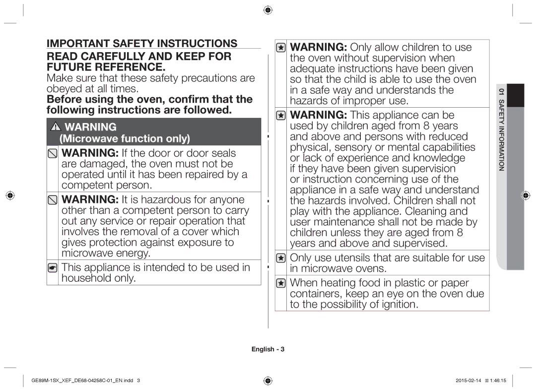 Samsung GE89M-1SX/XEF manual Read Carefully and Keep for Future Reference 