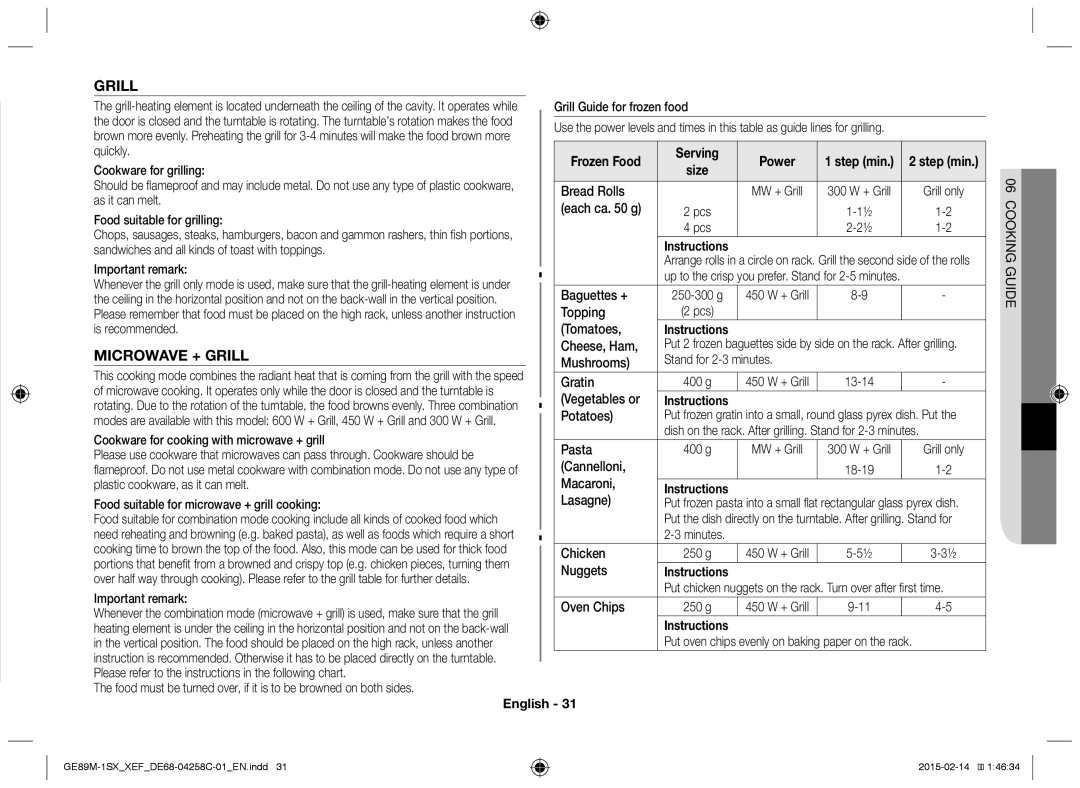 Samsung GE89M-1SX/XEF manual Microwave + Grill, Frozen Food 