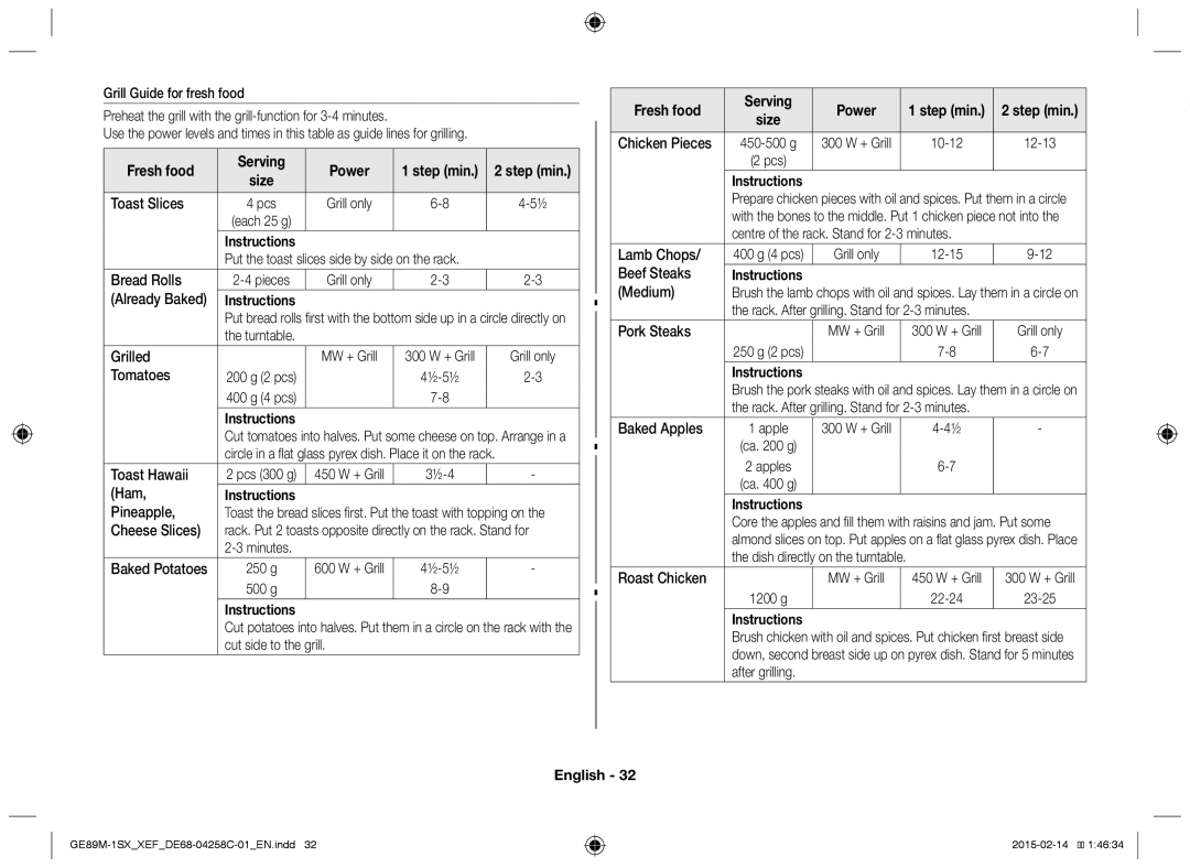 Samsung GE89M-1SX/XEF manual Fresh food Serving Power 