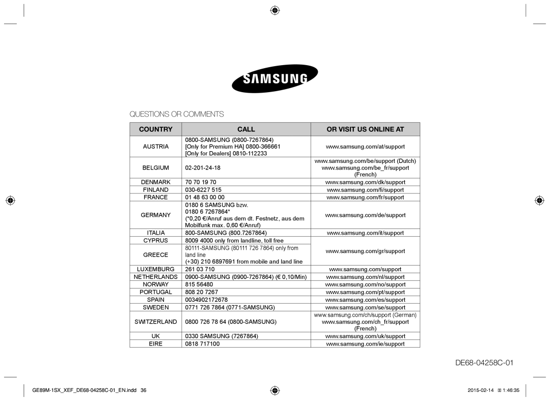 Samsung GE89M-1SX/XEF manual Questions or Comments 