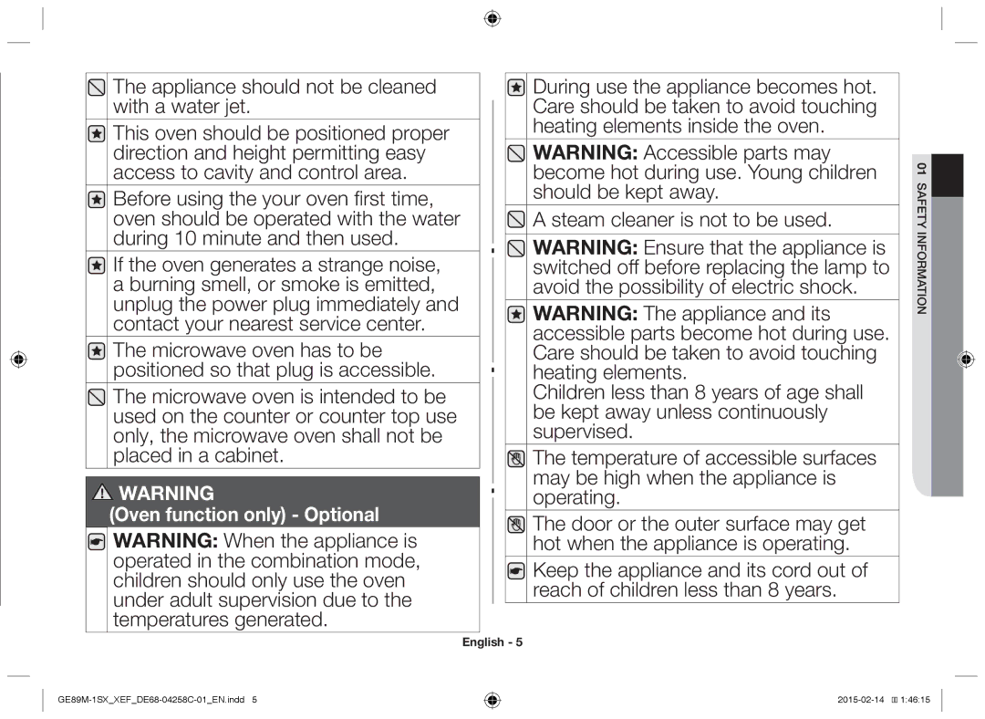 Samsung GE89M-1SX/XEF manual Appliance should not be cleaned with a water jet 