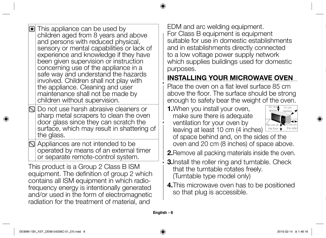 Samsung GE89M-1SX/XEF manual Installing Your Microwave Oven 