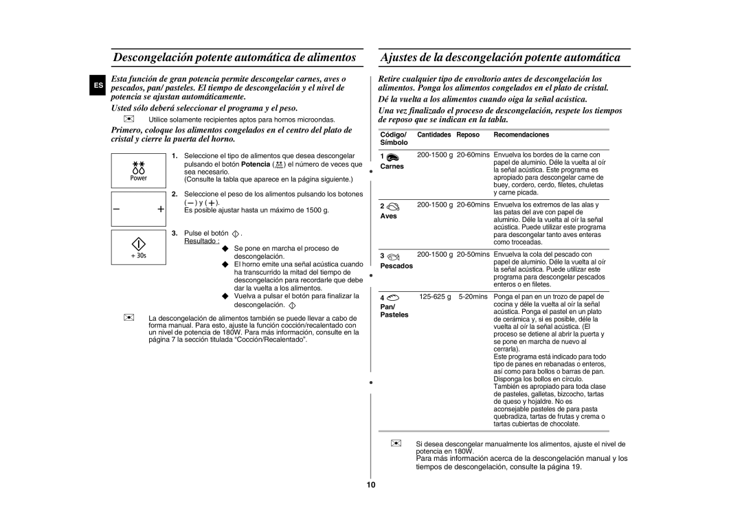 Samsung GE89M-S/XEC manual Descongelación potente automática de alimentos, Ajustes de la descongelación potente automática 