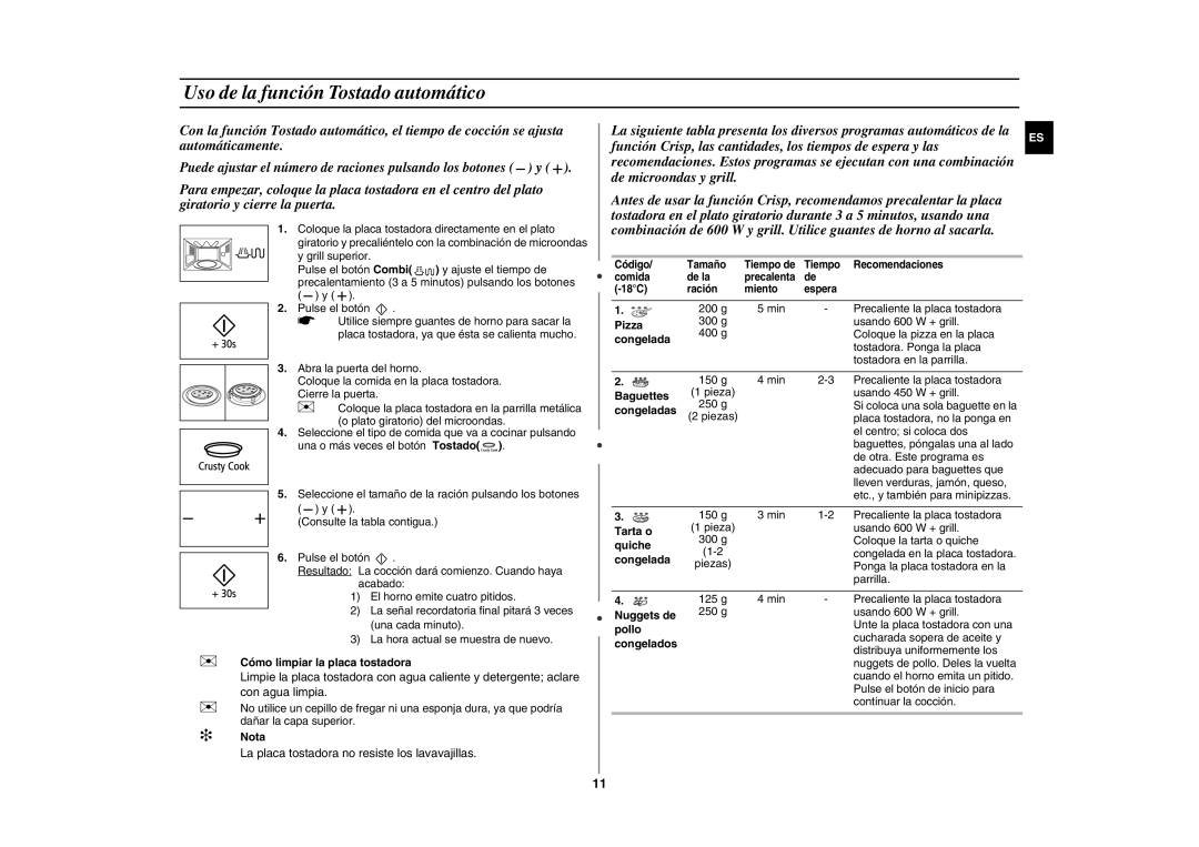 Samsung GE89M-S/XEC manual Uso de la función Tostado automático, Tarta o, Quiche,  Cómo limpiar la placa tostadora,  Nota 