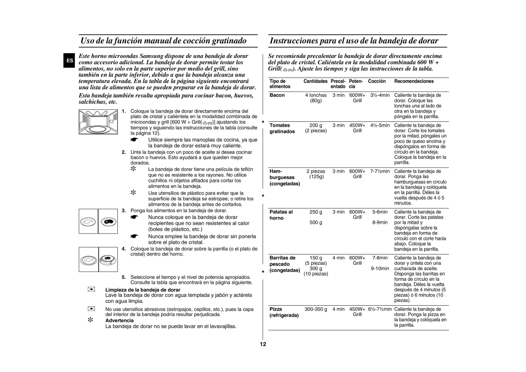 Samsung GE89M-S/XEC Uso de la función manual de cocción gratinado, Instrucciones para el uso de la bandeja de dorar 