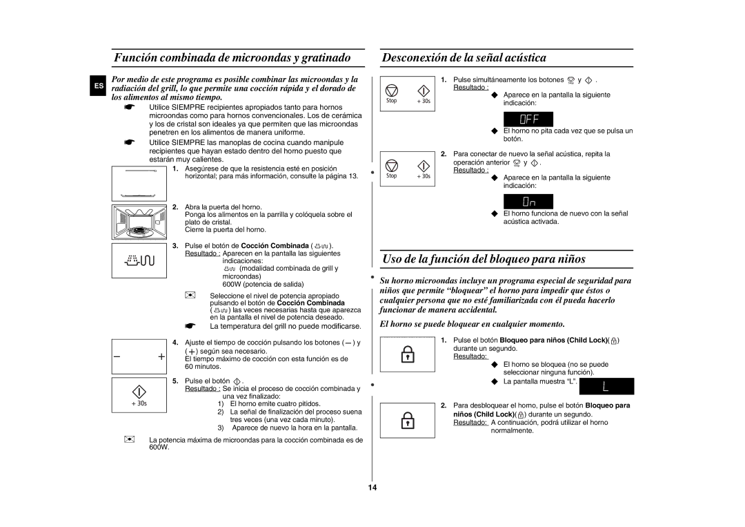 Samsung GE89M-S/XEC manual Función combinada de microondas y gratinado, Desconexión de la señal acústica 