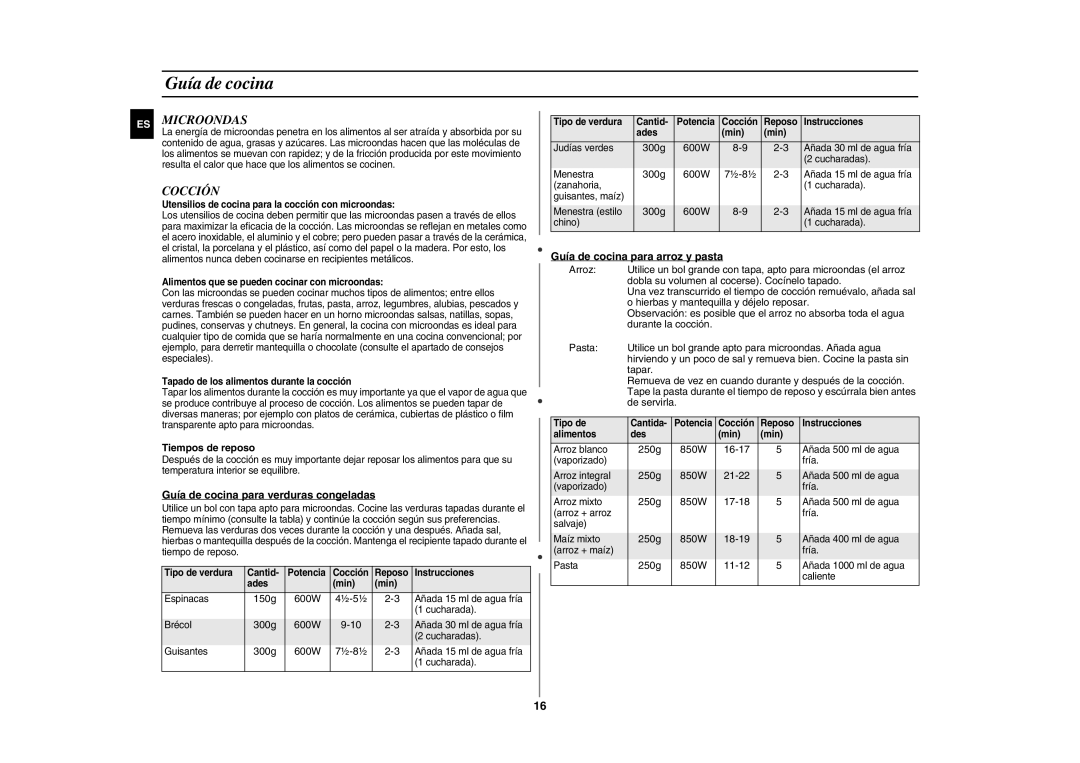 Samsung GE89M-S/XEC manual Guía de cocina, Microondas, Cocción 