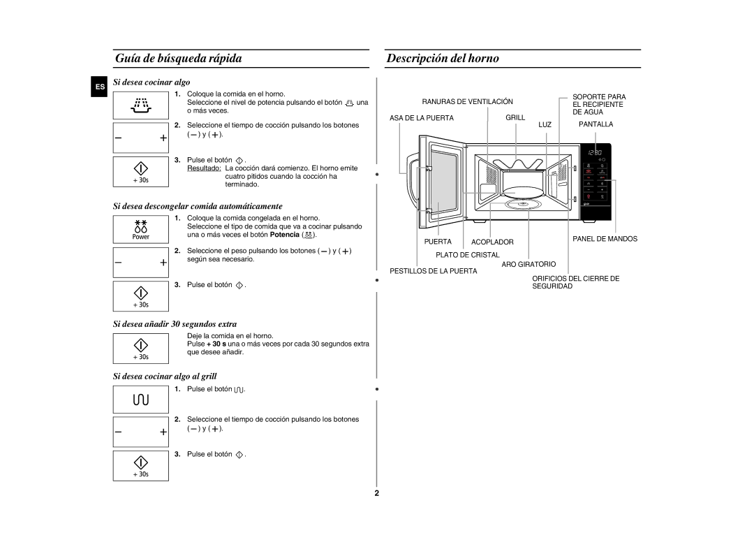 Samsung GE89M-S/XEC manual Guía de búsqueda rápida, Descripción del horno 