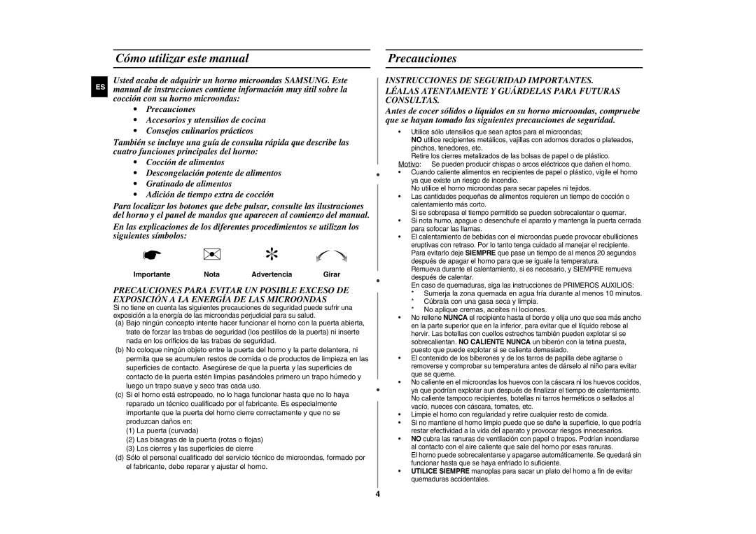 Samsung GE89M-S/XEC Cómo utilizar este manual, Precauciones, Importante Nota Advertencia 