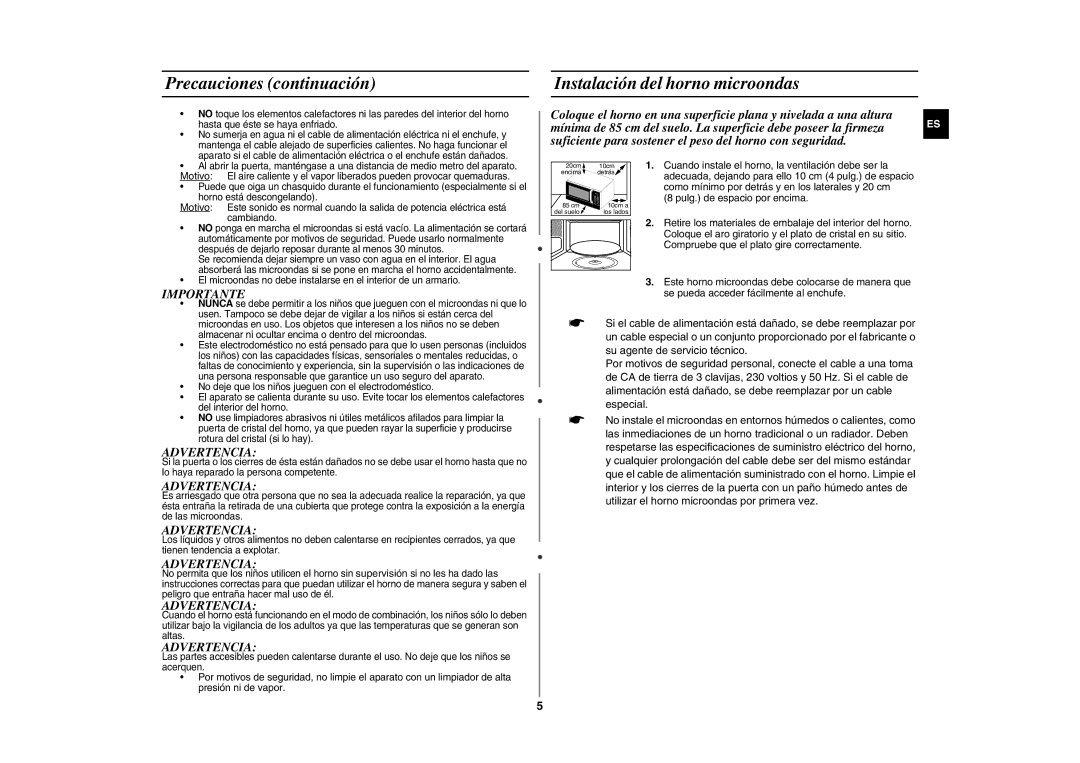 Samsung GE89M-S/XEC manual Precauciones continuación, Instalación del horno microondas, Importante, Advertencia 