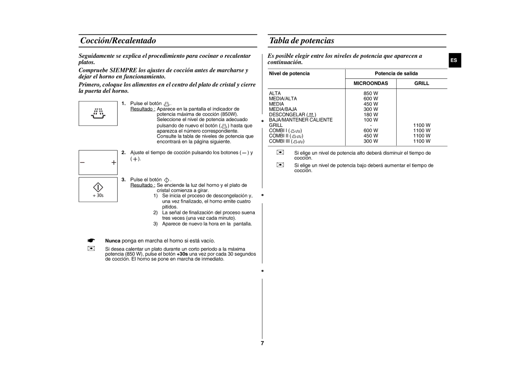 Samsung GE89M-S/XEC manual Cocción/Recalentado, Tabla de potencias, Nivel de potencia Potencia de salida, Microondas 