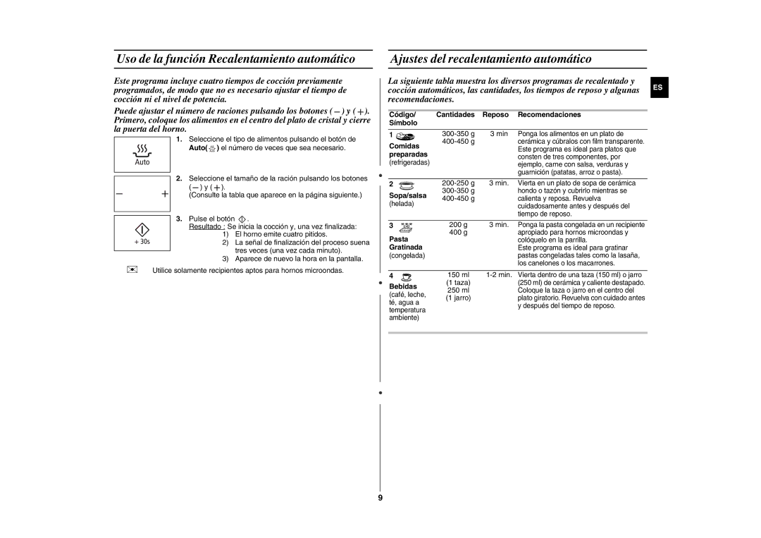 Samsung GE89M-S/XEC manual Uso de la función Recalentamiento automático, Ajustes del recalentamiento automático 