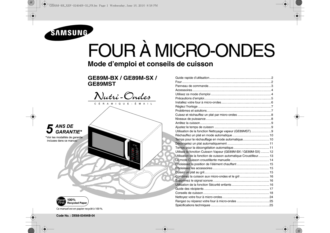 Samsung GE89M-BX/XEF manual CodeNoN. . DE68-03494B-02327A, Utilisez la fonction Cuisson Vapeur GE89M-BX / GE89M-SX 