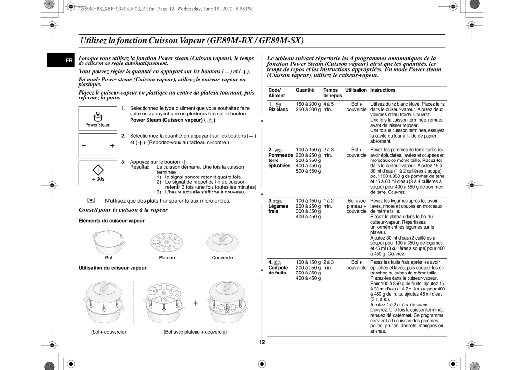 Samsung GE89M-SX/XEF manual Utilisez la fonction Cuisson Vapeur GE89M-BX / GE89M-SX, Conseil pour la cuisson à la vapeur 