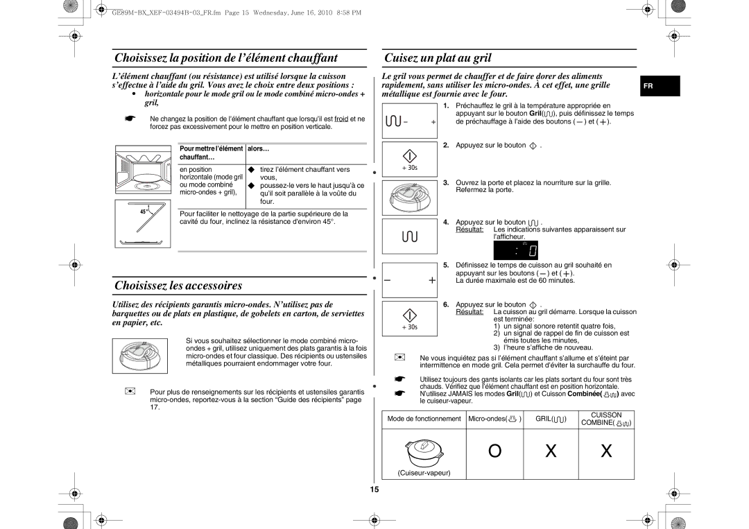 Samsung GE89M-BX/XEF Choisissez la position de l’élément chauffant, Choisissez les accessoires, Cuisez un plat au gril 