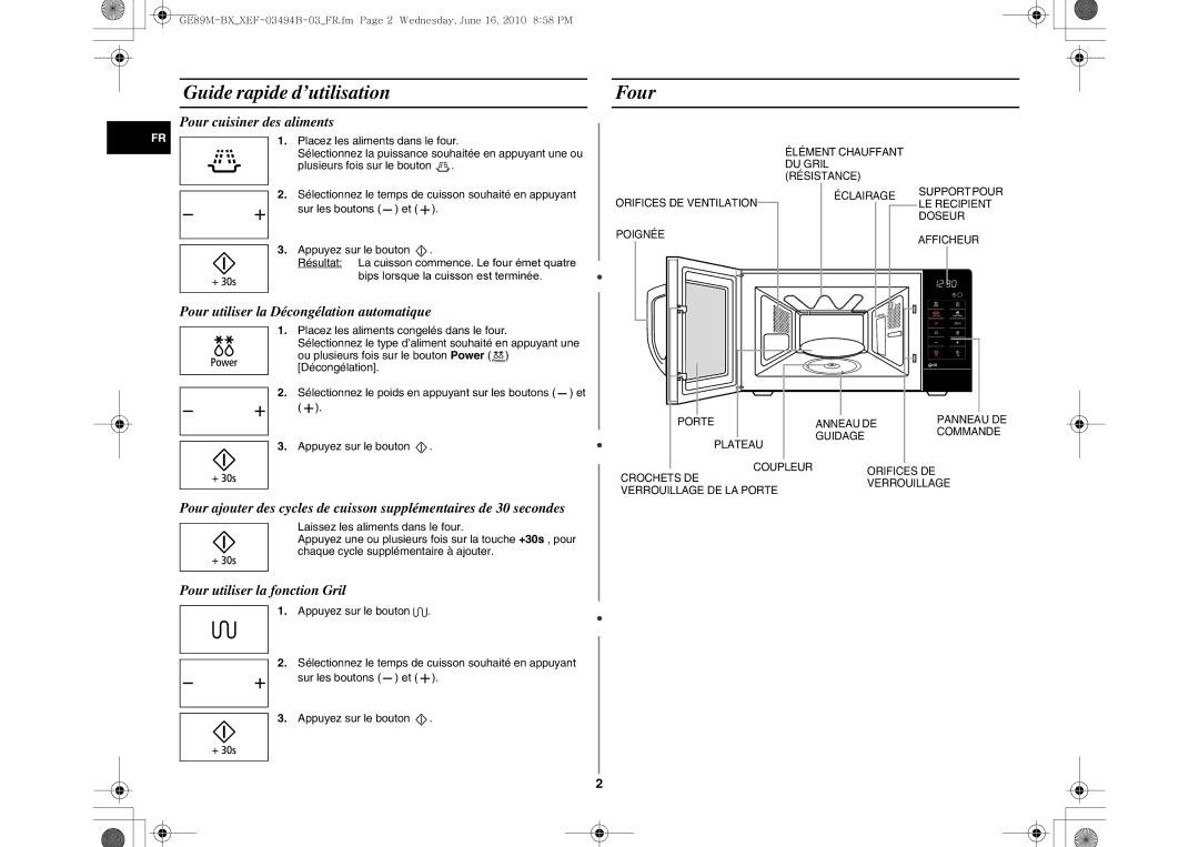 Samsung GE89M-SX/XEF manual Guide rapide d’utilisation, Four, Pour cuisiner des aliments, Pour utiliser la fonction Gril 