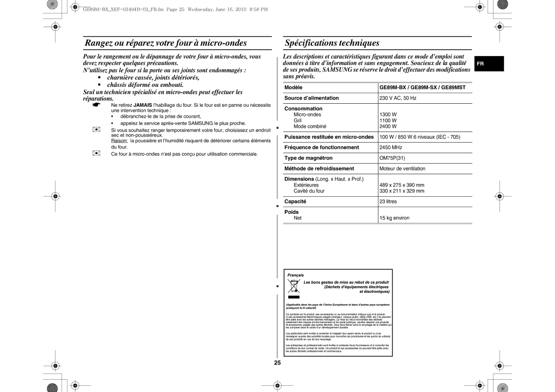 Samsung GE89M-BX/XEF Modèle GE89M-BX / GE89M-SX / GE89MST Source d’alimentation, Consommation, Fréquence de fonctionnement 