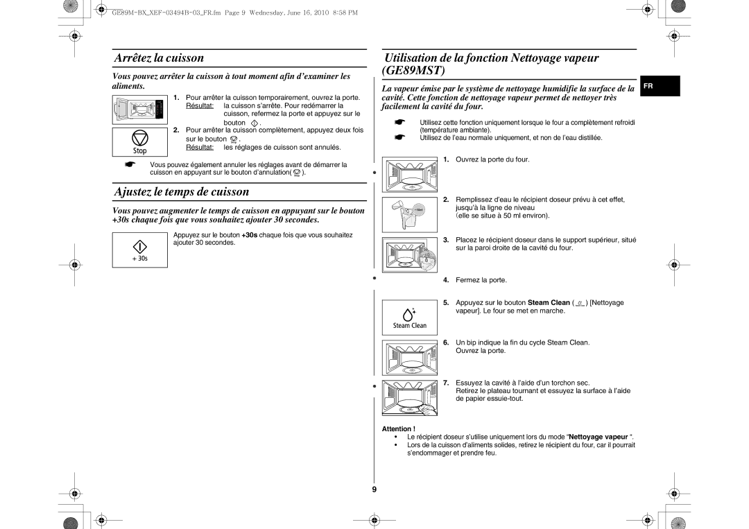 Samsung GE89M-BX/XEF Arrêtez la cuisson, Ajustez le temps de cuisson, Utilisation de la fonction Nettoyage vapeur GE89MST 