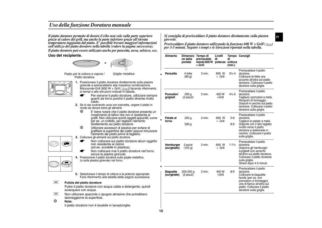 Samsung GE89ME-B/XET Uso della funzione Doratura manuale,  Pulizia del piatto doratore 