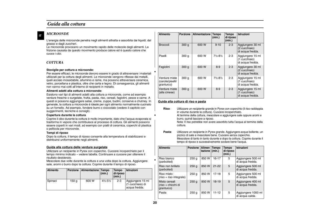 Samsung GE89ME-B/XET manual Guida alla cottura, Microonde, Cottura 