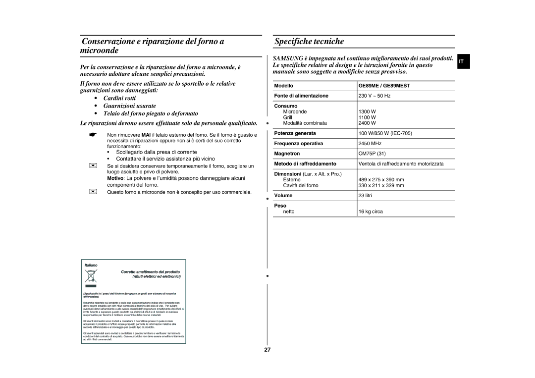 Samsung GE89ME-B/XET manual Conservazione e riparazione del forno a microonde, Specifiche tecniche 