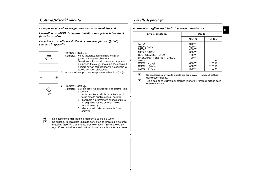 Samsung GE89ME-B/XET manual Cottura/Riscaldamento Livelli di potenza, Livello di potenza Uscita 