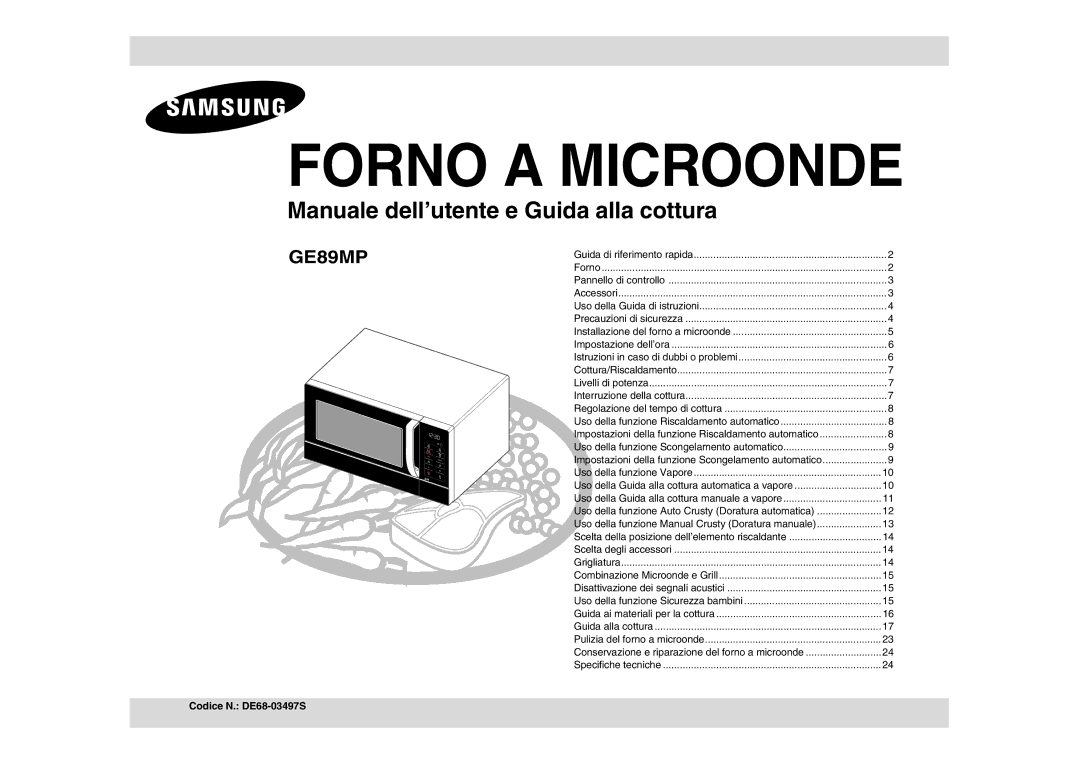 Samsung GE89MP-S/XET manual Forno a Microonde, Codice N. DE68-03497S 