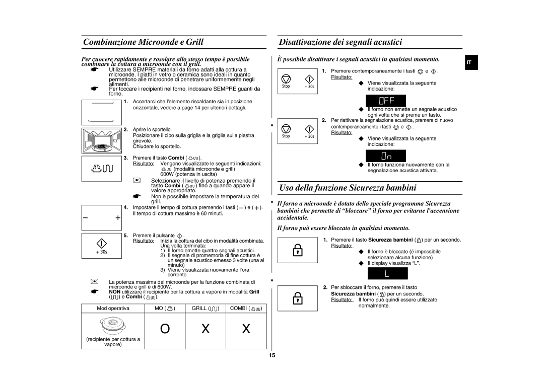 Samsung GE89MP-S/XET manual Combinazione Microonde e Grill, Disattivazione dei segnali acustici 