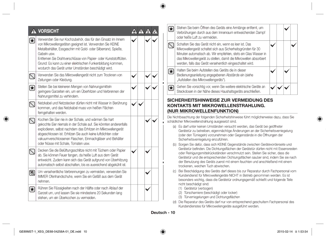 Samsung GE89MST-1/XEG manual Vorsicht 