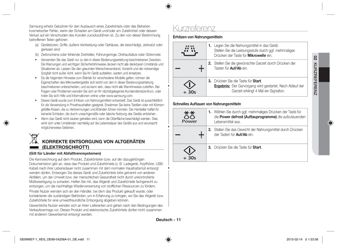 Samsung GE89MST-1/XEG manual Kurzreferenz, Korrekte Entsorgung VON Altgeräten Elektroschrott, Erhitzen von Nahrungsmitteln 