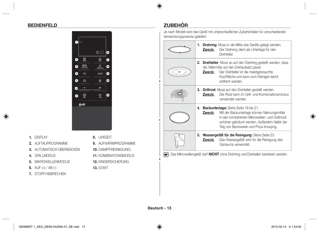 Samsung GE89MST-1/XEG manual Bedienfeld, Zubehör, Auf + / Ab, Zweck 