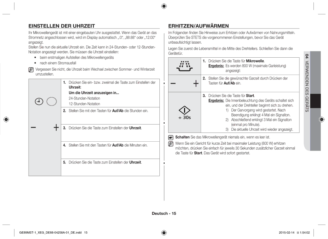 Samsung GE89MST-1/XEG manual Einstellen DER Uhrzeit, Erhitzen/Aufwärmen, Um die Uhrzeit anzuzeigen 