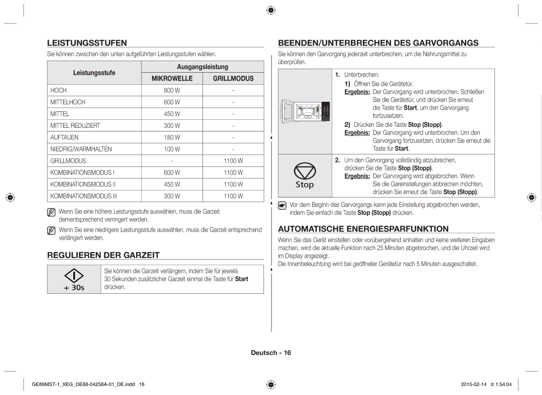 Samsung GE89MST-1/XEG manual Leistungsstufen, Regulieren DER Garzeit, BEENDEN/UNTERBRECHEN DES Garvorgangs 