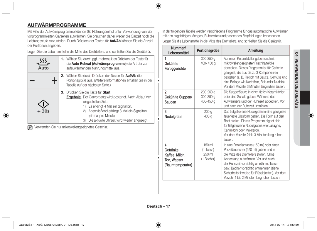 Samsung GE89MST-1/XEG manual Aufwärmprogramme, Nummer, Anleitung 