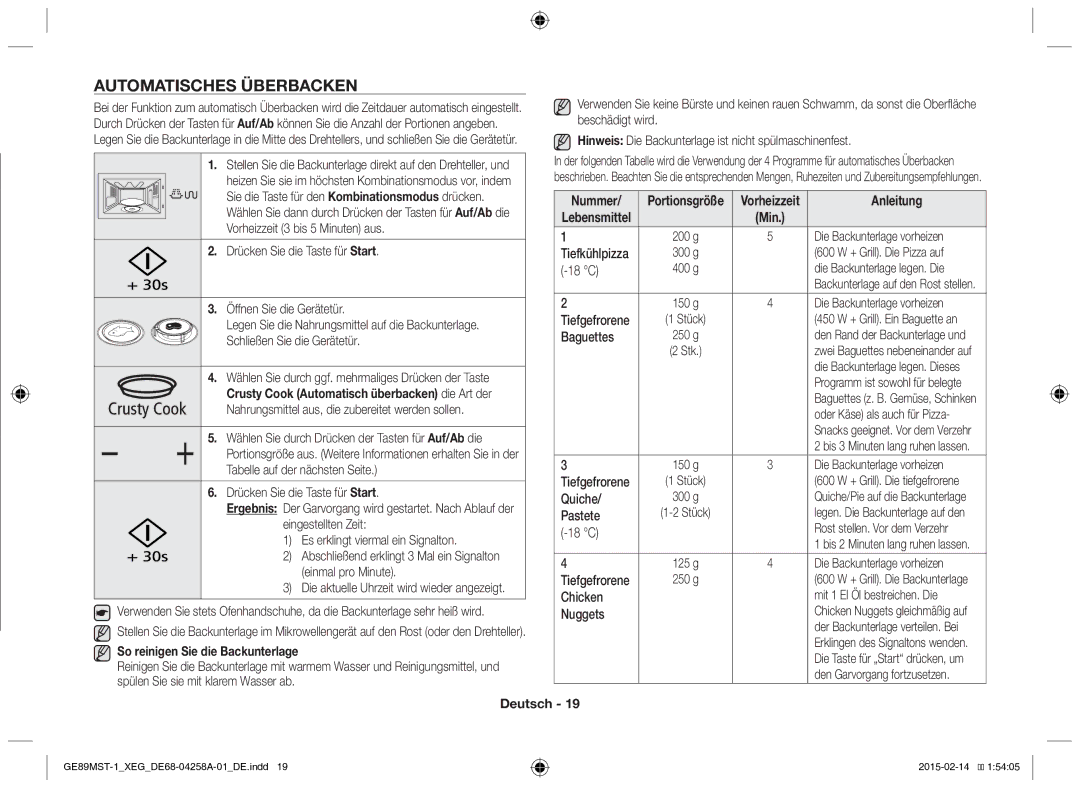 Samsung GE89MST-1/XEG manual Automatisches Überbacken, So reinigen Sie die Backunterlage 